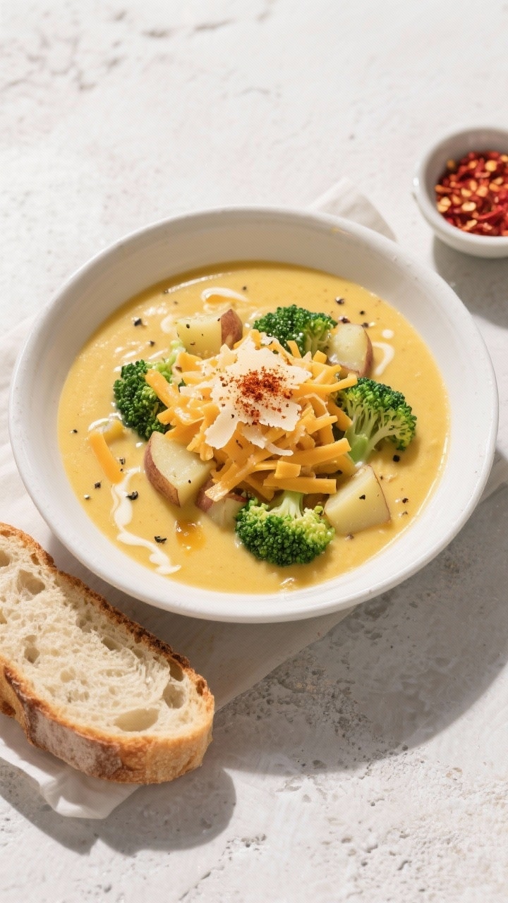 Final dish, tasty top view: Overhead shot of a bowl of broccoli potato cheese soup served in a wide 