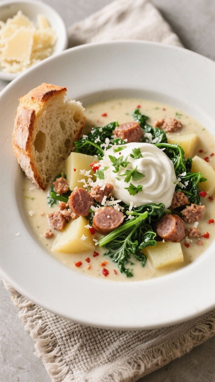 Final dish, tasty top view: Overhead shot of a finished bowl of creamy sausage potato soup in a wide