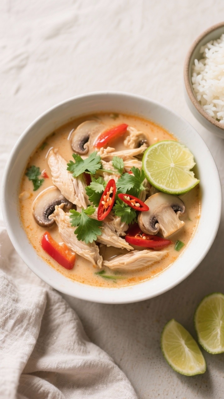 Final dish, tasty top view: Overhead shot of a finished bowl of Crockpot Thai Coconut Chicken Soup, 