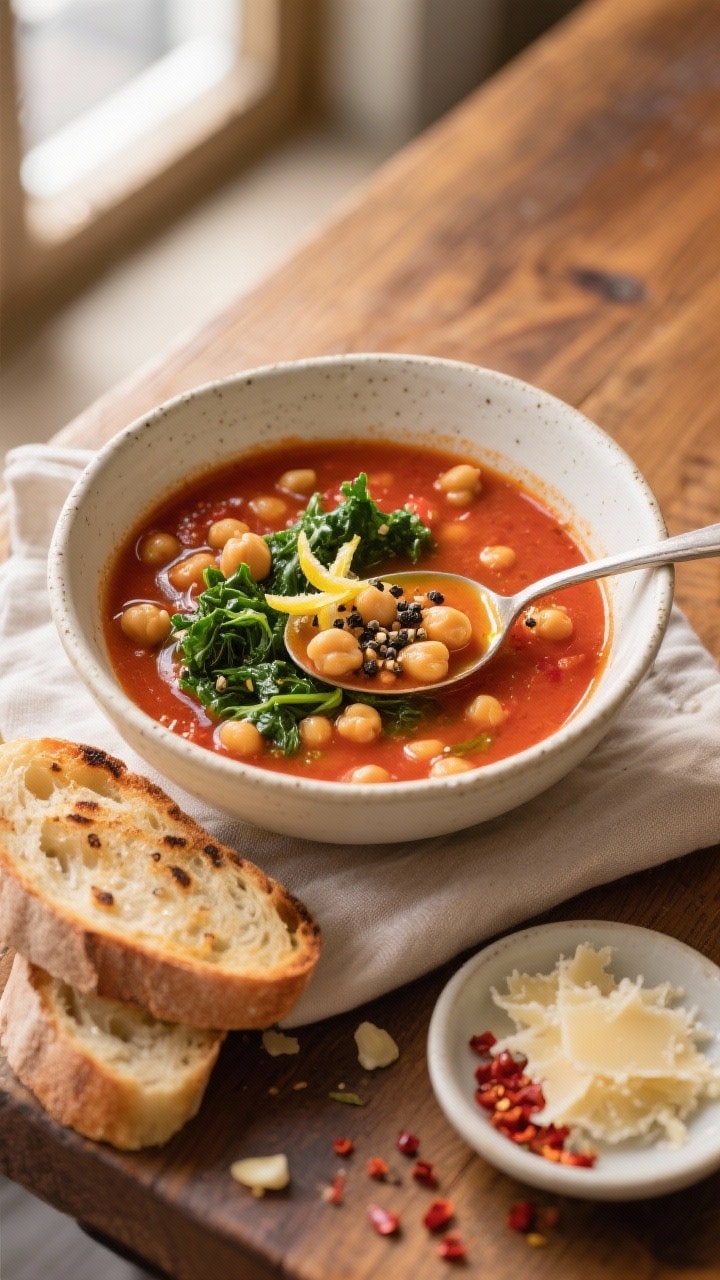 Final dish, tasty top view: Overhead shot of a ladled bowl of Tuscan garbanzo bean soup with a broth