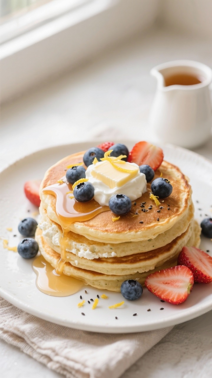Final dish, tasty top view: Overhead shot of a stacked plate of cottage cheese pancakes, perfectly g