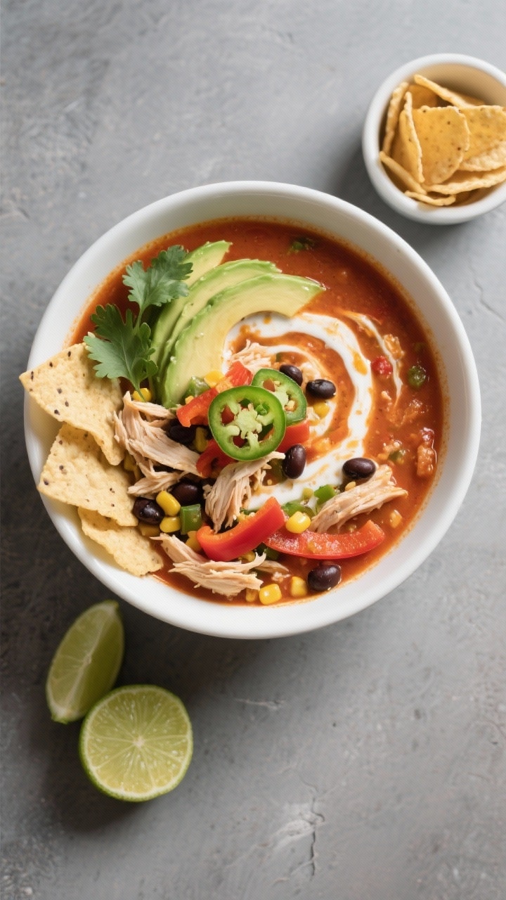 Final dish, tasty top view: Overhead shot of Chicken Fajita Soup, richly colored tomato-chicken brot