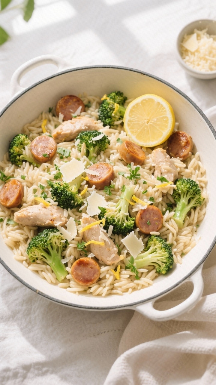 Final dish, tasty top view: Overhead shot of Chicken Sausage Broccoli Orzo served family-style in a 