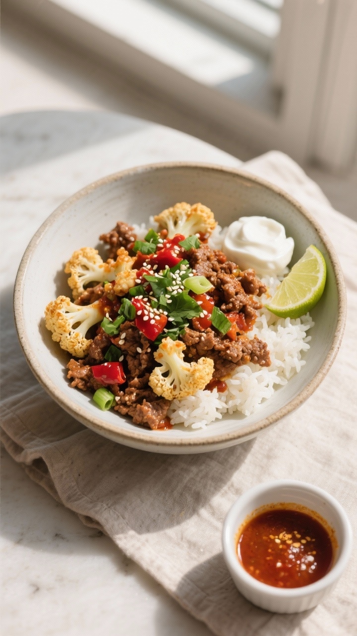 Final dish, tasty top view: Overhead shot of crispy chile ground beef and cauliflower spooned over f
