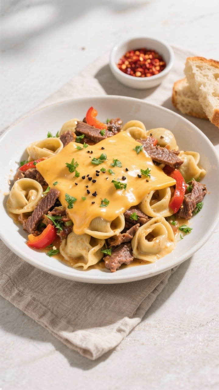Final dish, tasty top view: Overhead shot of Philly cheesesteak tortellini pasta finished with melte