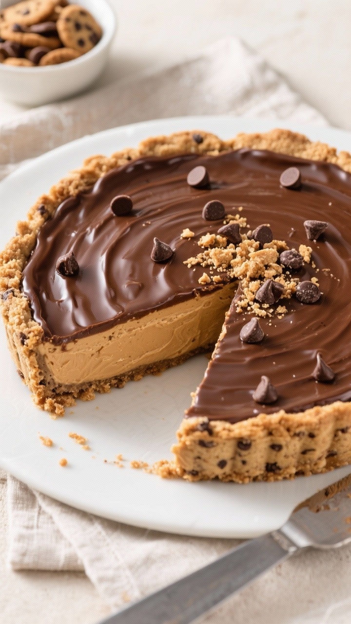 Final dish, tasty top view: Overhead shot of the fully chilled Chocolate Chip Cookie Peanut Butter P
