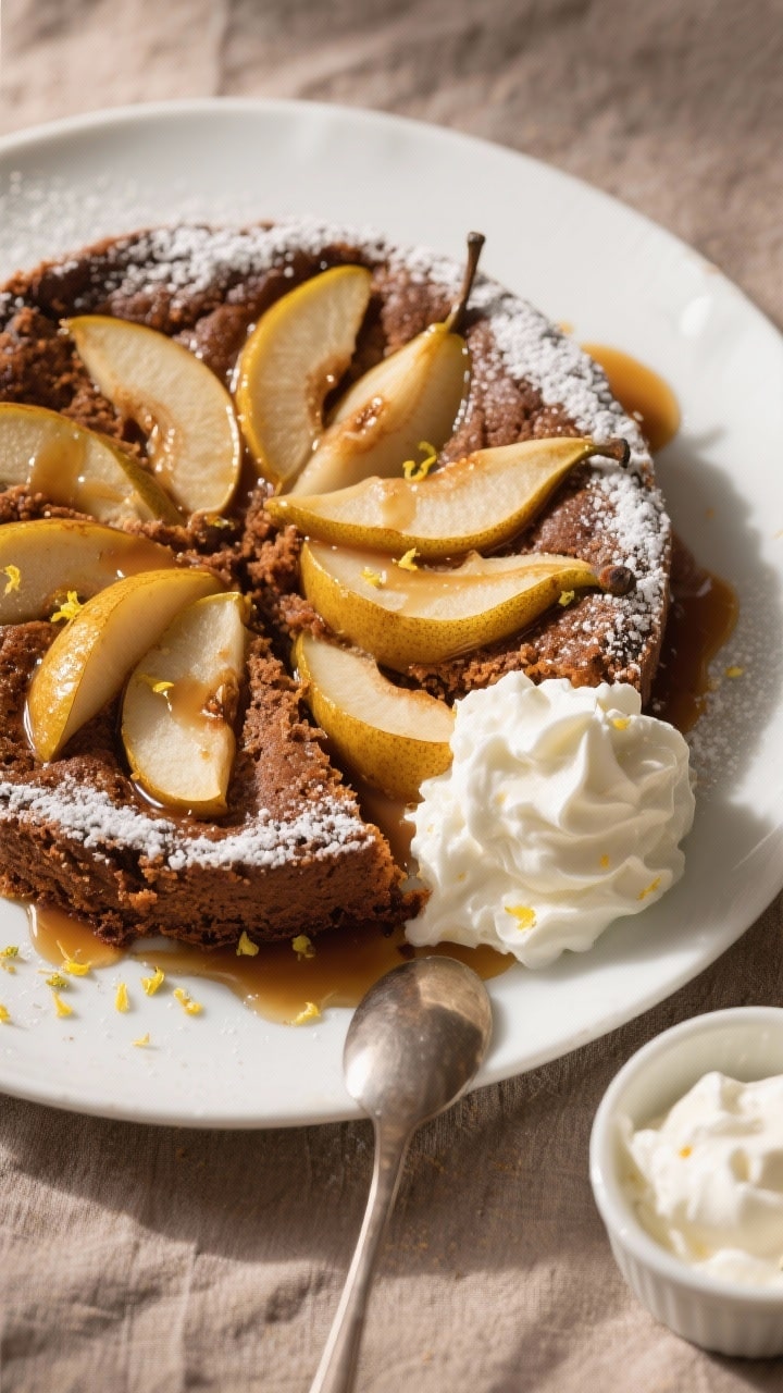 Final dish, tasty top view: Overhead shot of the flipped pear gingerbread upside-down cake on a simp