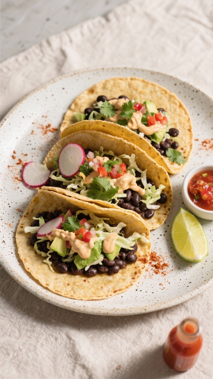 Final dish, tasty top view: Overhead shot of three vegan black bean tacos arranged in a fan on a spe