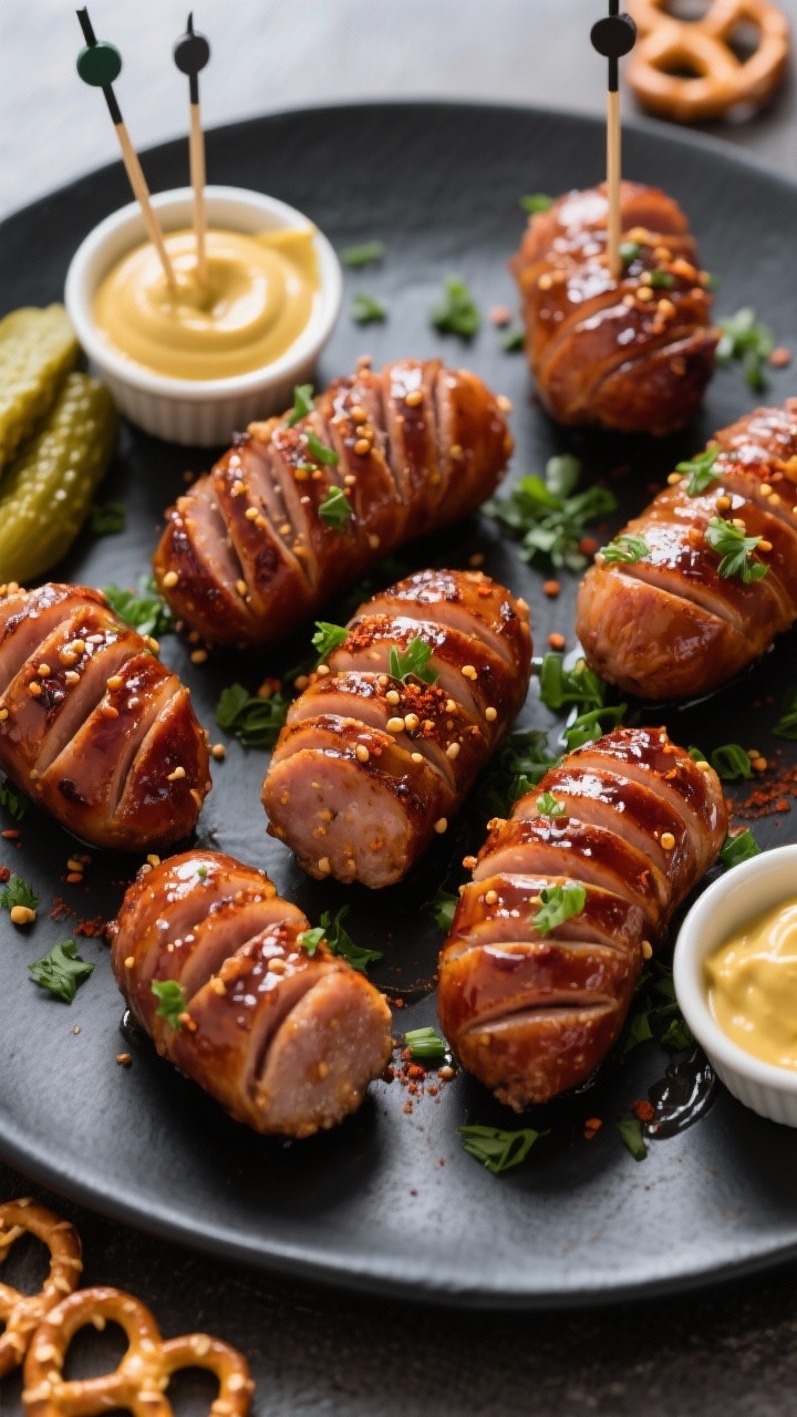 Final dish top view and presentation: Overhead shot of mustard hasselback kielbasa bites arranged on