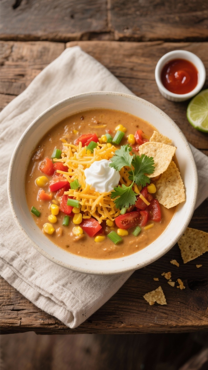 Final dish, top view: Overhead shot of a finished bowl of creamy cowboy soup, luxuriously blended an