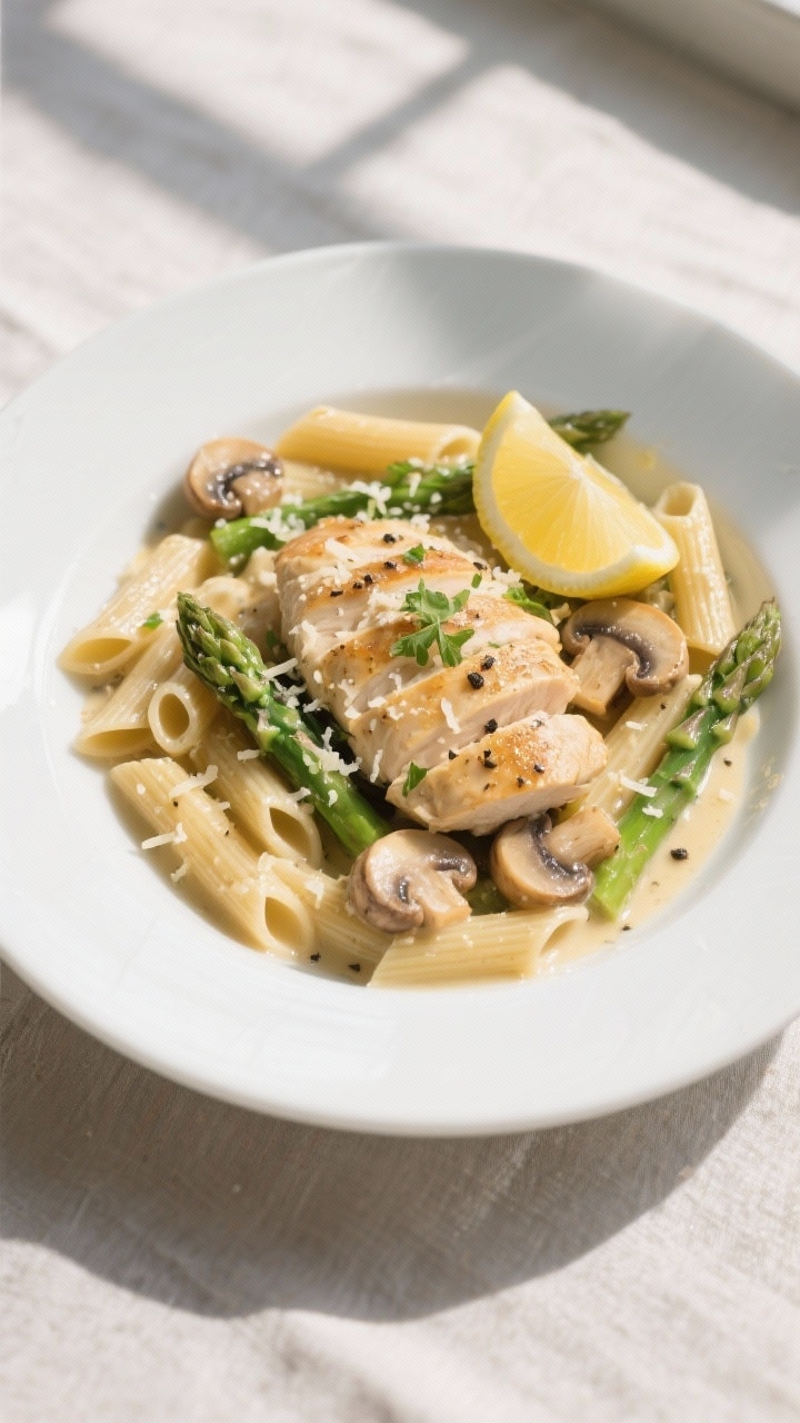 Final dish top view: Overhead shot of Chicken Penne with Mushroom and Asparagus plated in a wide, wh