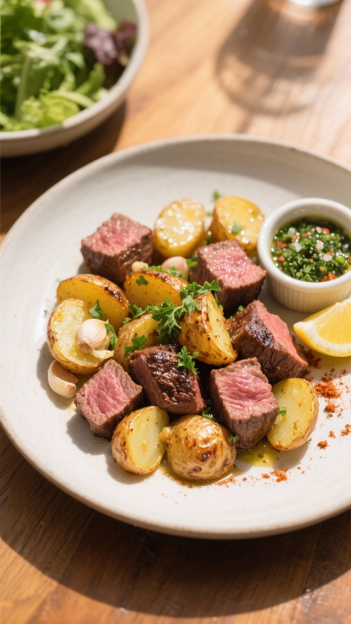 Final dish, top view: Overhead shot of garlic steak bites and potatoes plated family-style in a wide