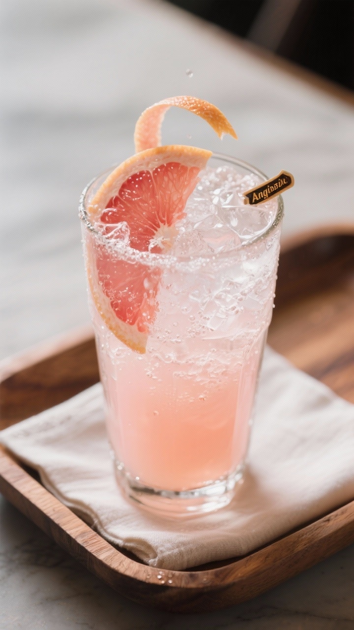 Final dish variation: A Grapefruit Fizz rendition—Collins glass packed with crushed ice, pale blus