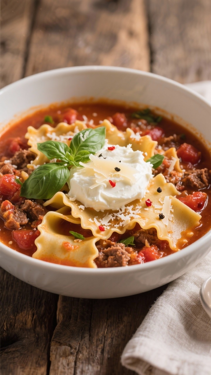 Final plated, close-up detail: Close-up of a deep bowl of one pot lasagna soup, richly sauced with c