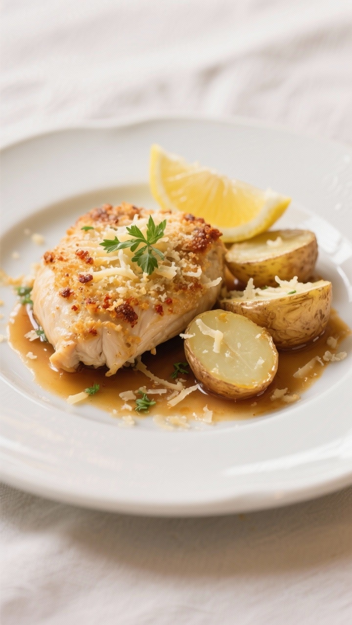 Final plated, close-up detail: Tight close-up of a single plated serving of garlic parmesan chicken