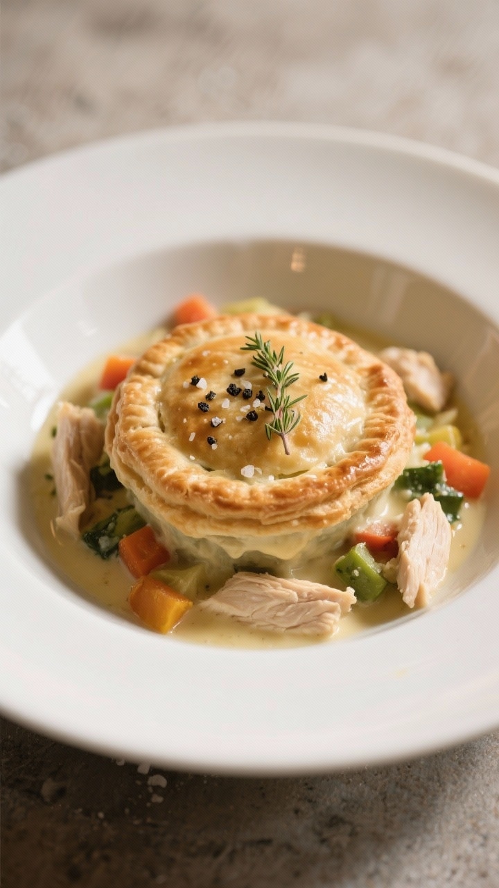 Final plated dish: A cozy, restaurant-quality presentation—one generous scoop of the pot pie neste