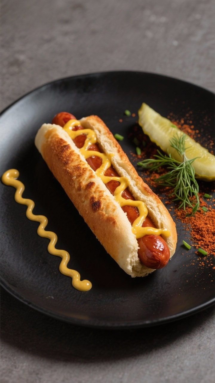 Final plated dish: Restaurant-quality presentation of a diner-style toast-and-roll hot dog (rolled l