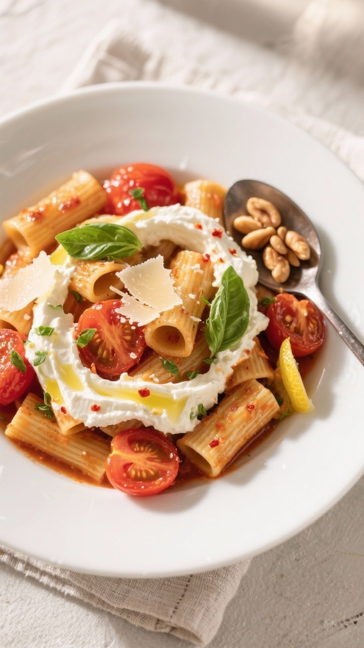 Final plated dish, tasty top view: Overhead shot of roasted tomato and garlic ricotta pasta (rigaton