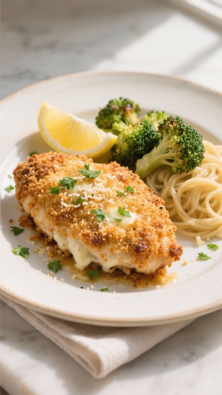 Final plated dish, tasty top view: Overhead shot of Parmesan Crusted Chicken baked to a golden, deep