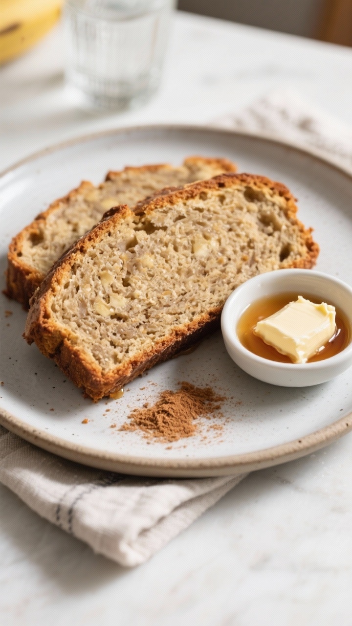 Final plated dish: Two thick slices of vegan banana bread on a matte ceramic plate, lightly toasted