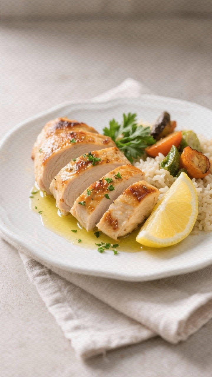 Final plated dish – weeknight-ready presentation: Beautifully plated oven-baked chicken breast, sl