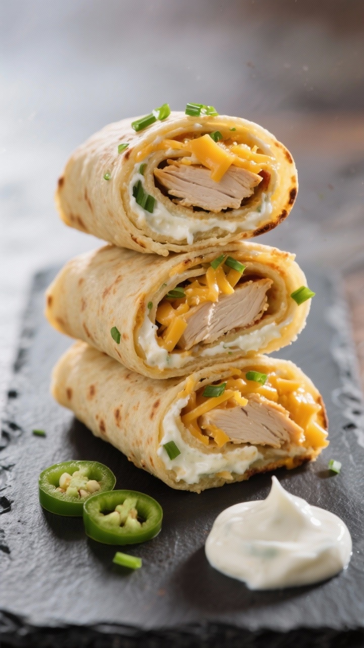 Final plated elegance: Three crack chicken pinwheels stacked slightly offset on a small dark slate p