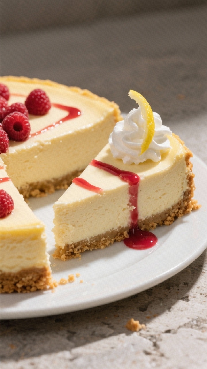 Final plated hero shot: A thick, clean-cut slice leaning slightly from the whole cheesecake, showing