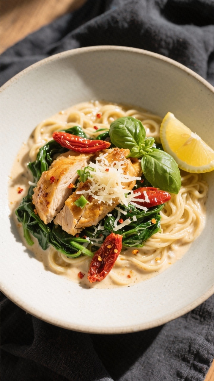 Final plated overhead: A deep, wide bowl of Creamy Marry Me Chicken Ramen, showing bouncy noodles co