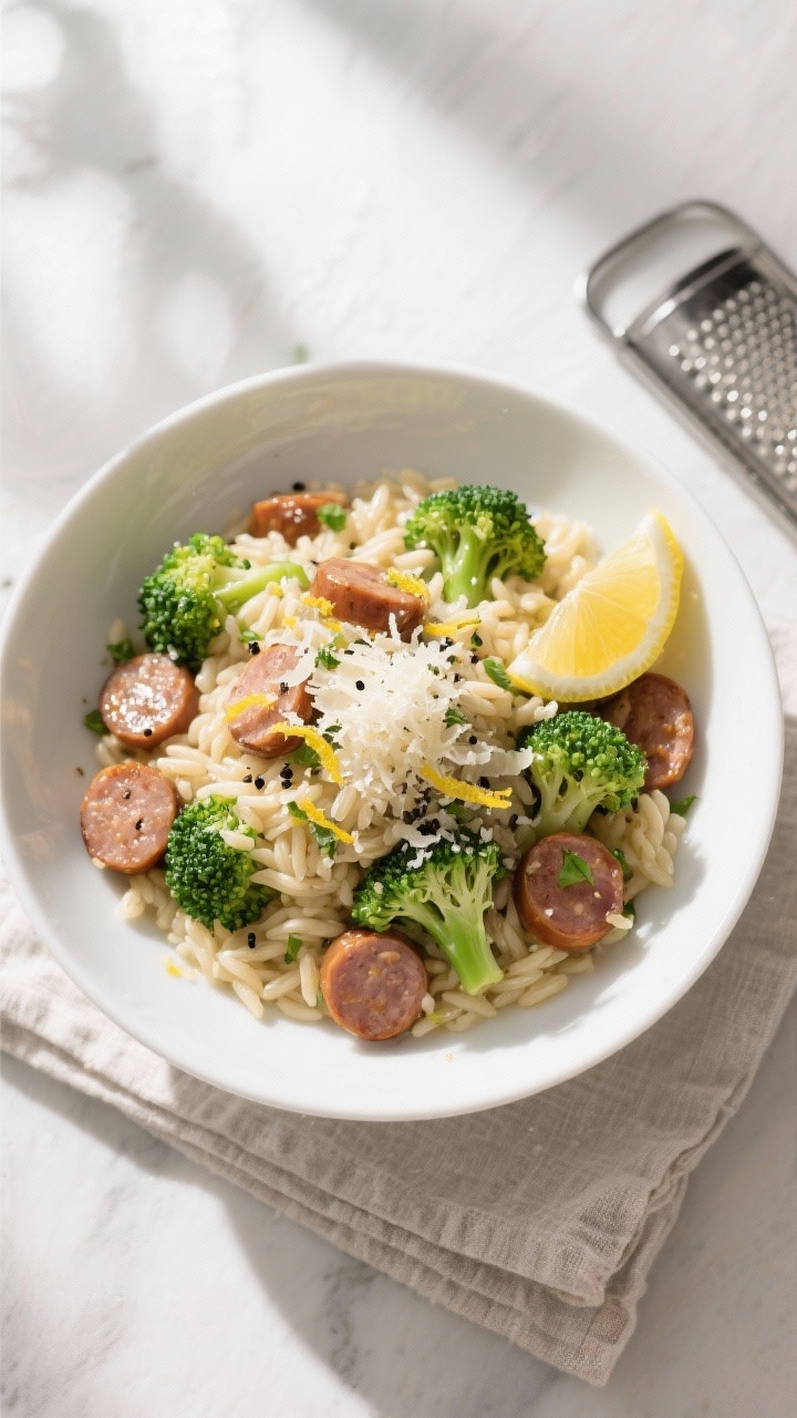 Final plated overhead: Chicken Sausage and Broccoli Orzo served in a low, wide white bowl; orzo glos