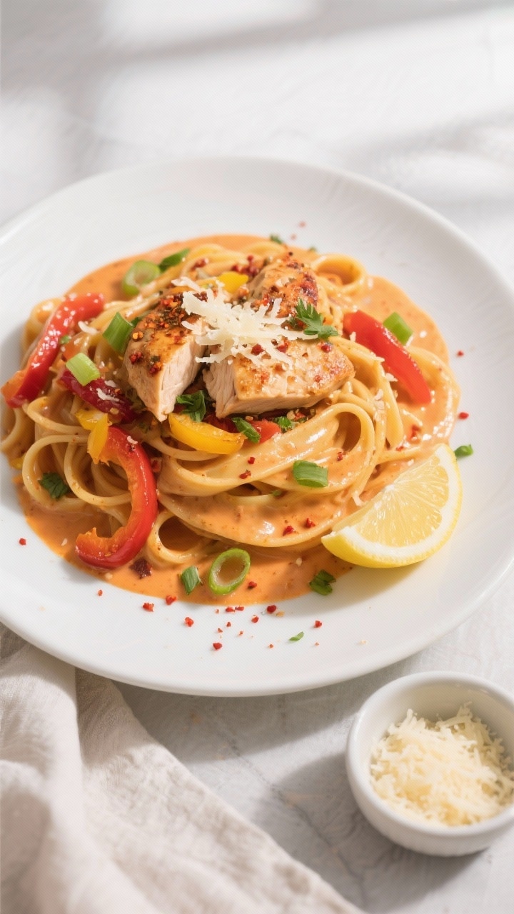 Final plated overhead: Creamy Cajun chicken pasta (fettuccine) twirled into a nest on a wide white c