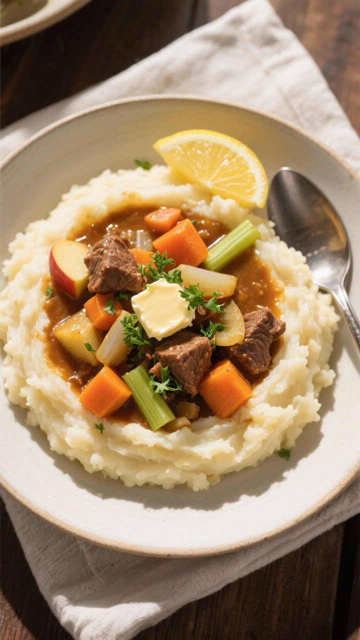 Final plated overhead: Fall Apple Cider Stew Mash served in a wide, shallow bowl—creamy Yukon Gold