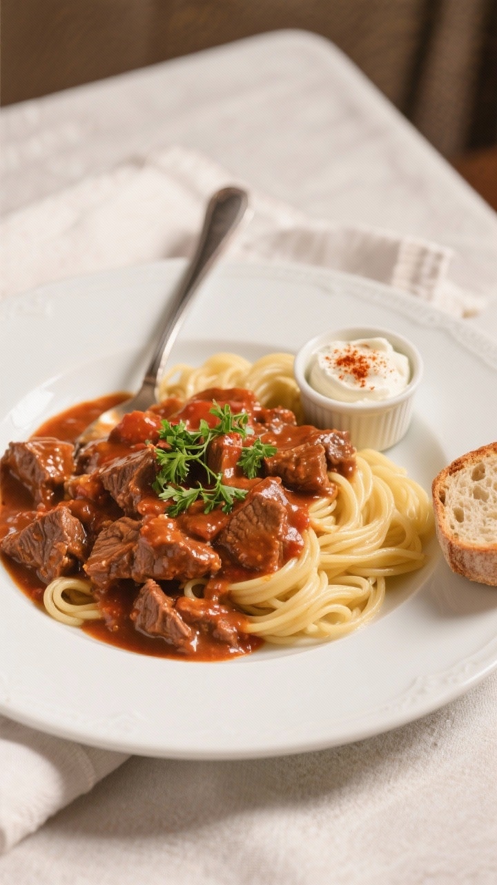 Final plated overhead: Tasty top-down shot of creamy German goulash spooned over buttered egg noodle