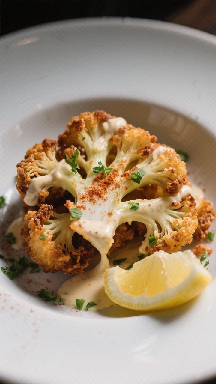 Final plated restaurant-quality presentation: individual serving of crispy fried cauliflower in a sh