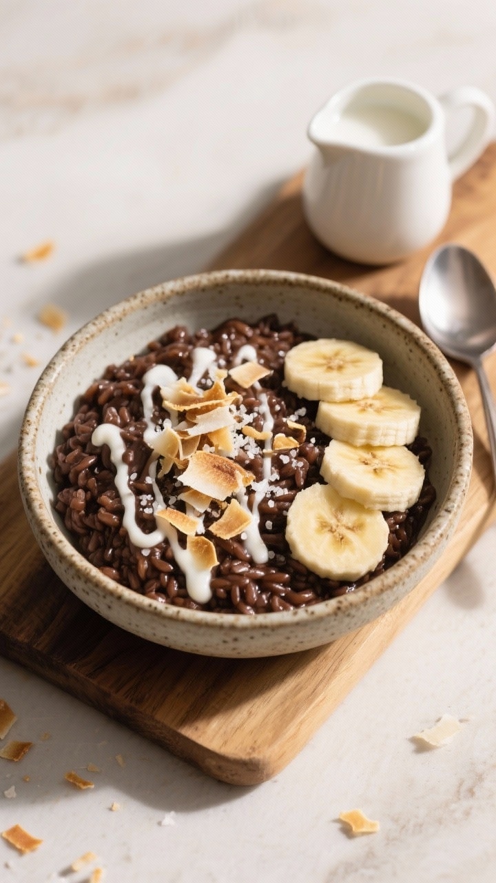Final plated variation: Coconut Dream champorado presentation—creamy chocolate rice in a rustic st
