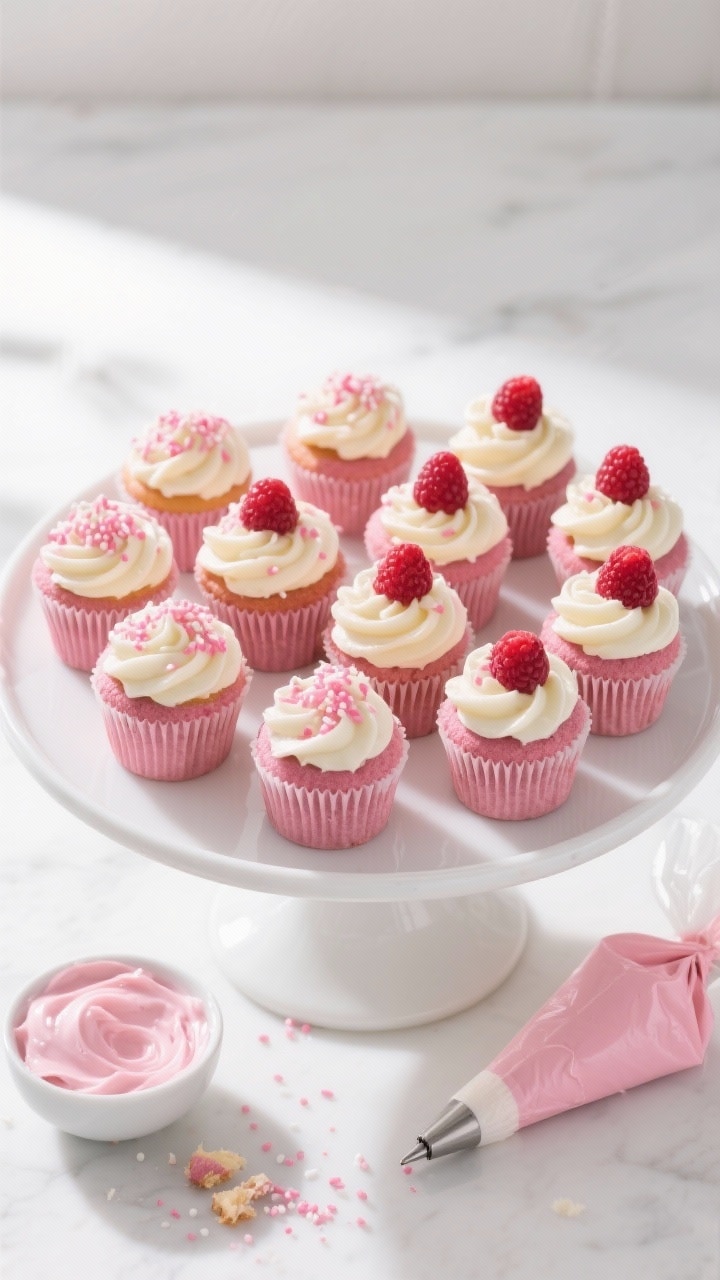 Final platter overhead: Top-down shot of a dozen pink velvet cupcakes neatly arranged on a white cak