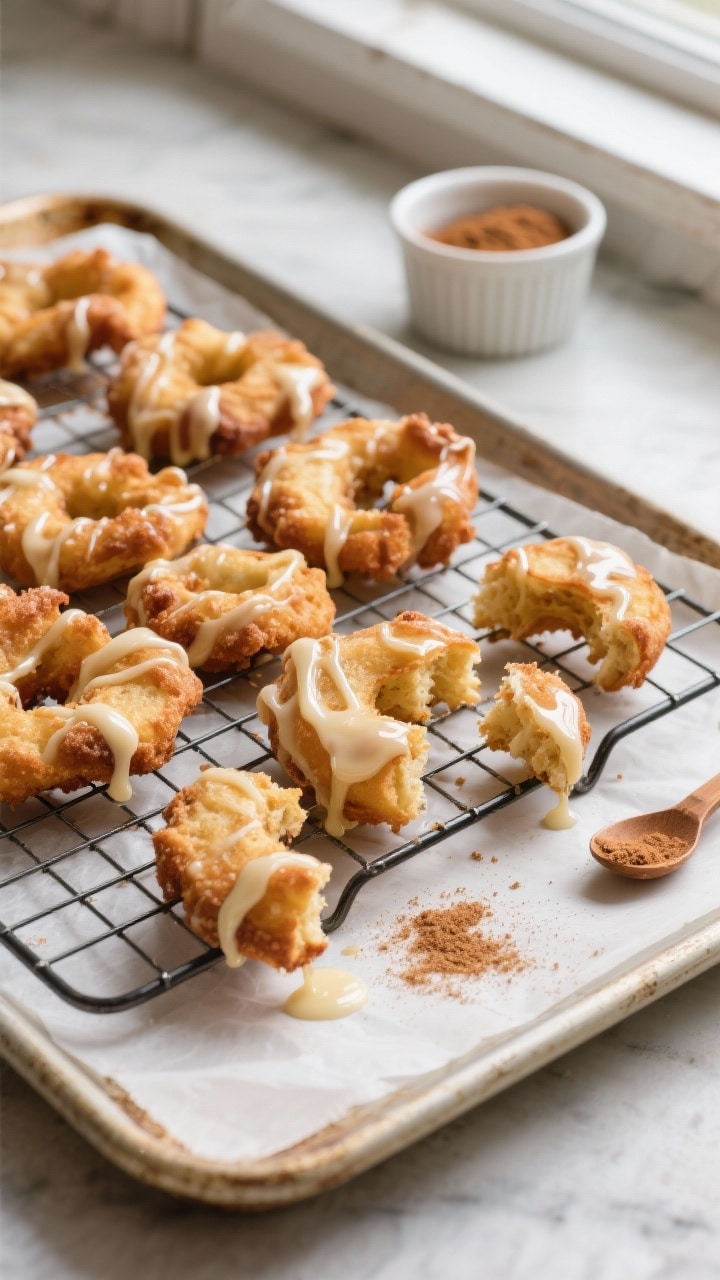 Final presentation overhead: Freshly glazed apple fritters on a wire rack set over a parchment-lined