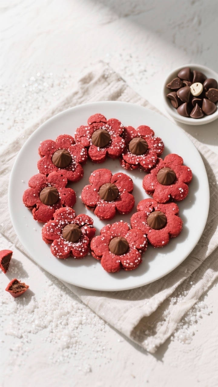Final presentation overhead: Top-down shot of a festive platter of red velvet blossom cookies arrang