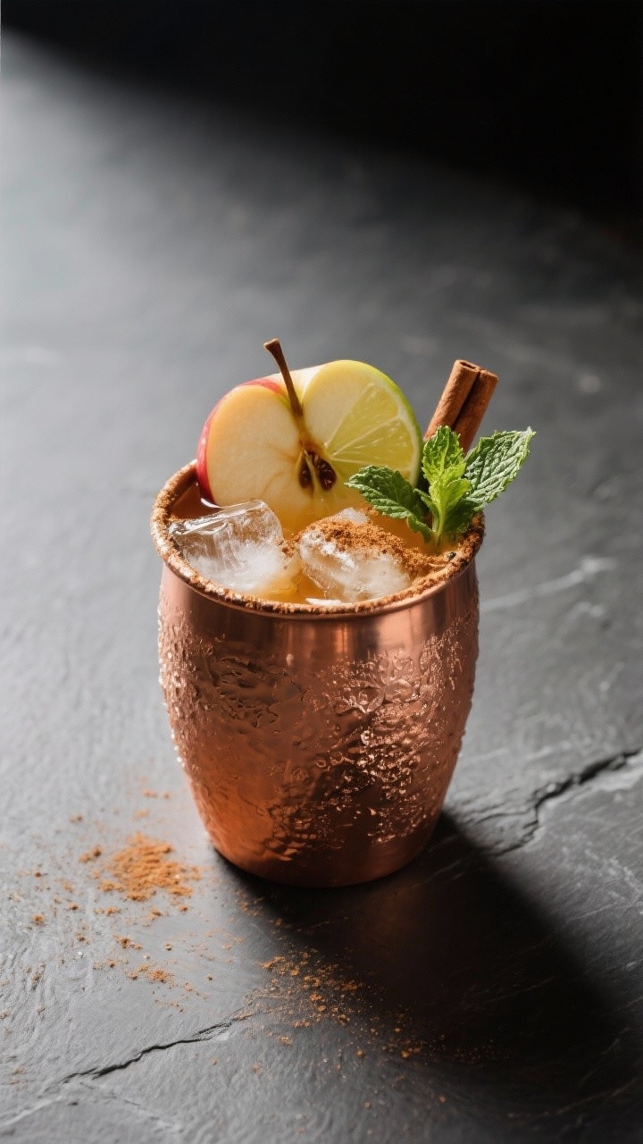 Final presentation: Restaurant-quality hero shot of a single Apple Cider Mule on a matte slate surfa