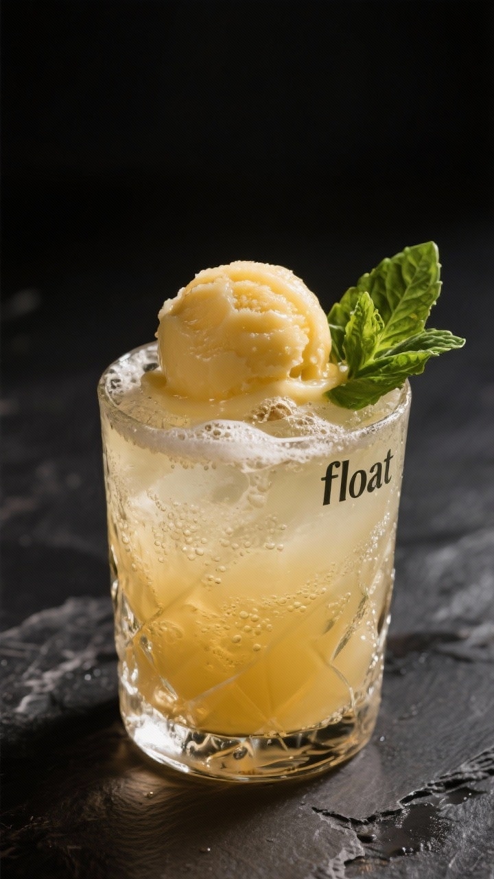 Final presentation: Restaurant-quality mocktail “float”—a rocks glass with the finished drink 