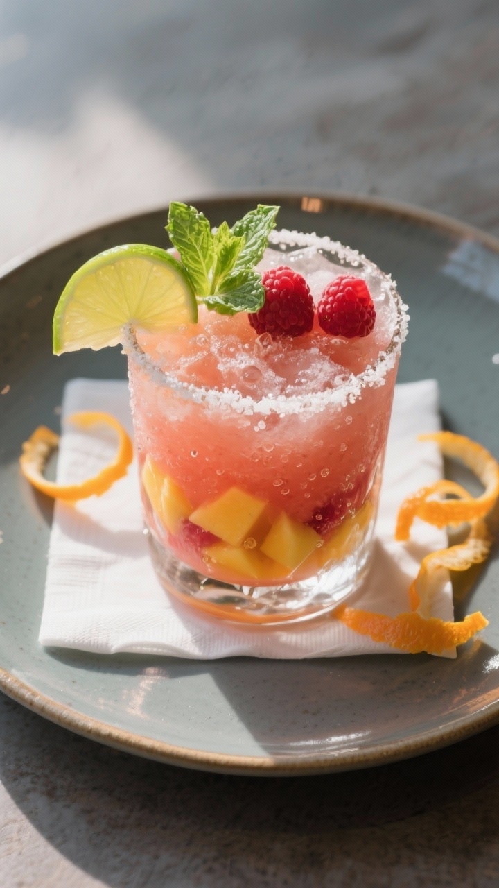 Final presentation: Restaurant-quality plated mocktail moment—single salt-rimmed rocks glass brimm