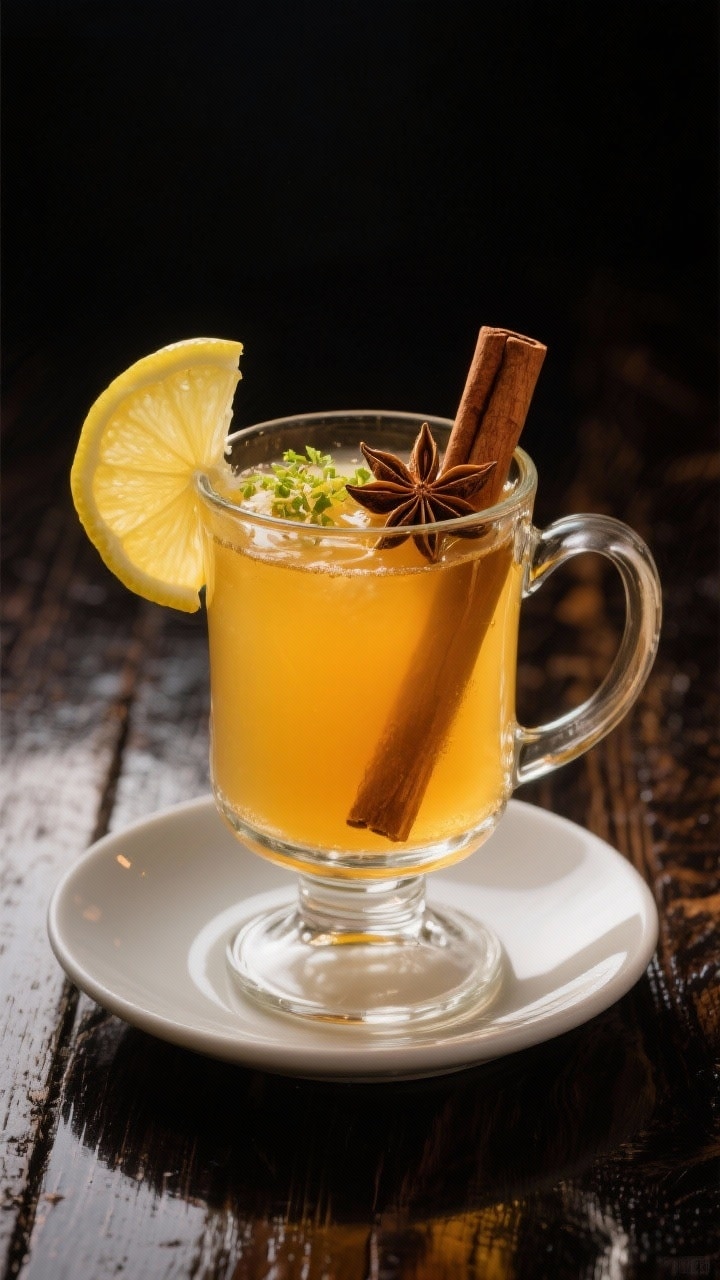 Final presentation: Restaurant-quality tfb toddy in a heat-safe glass mug to showcase color—deep g