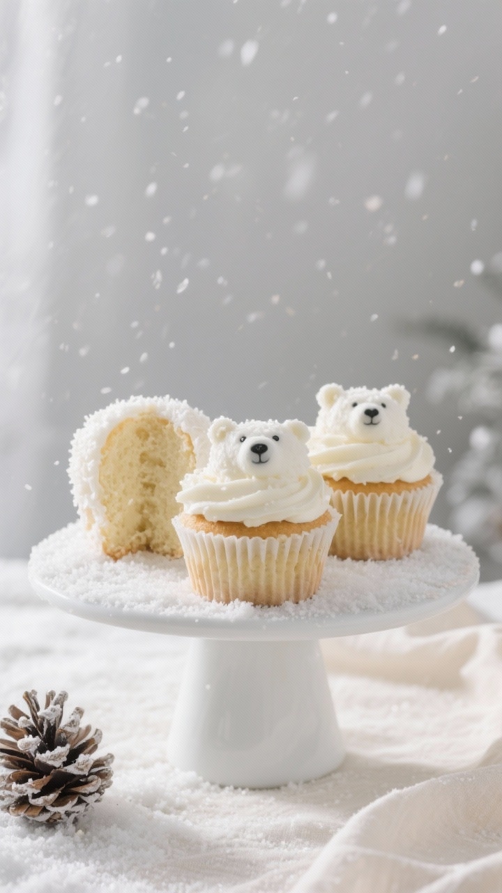 Final presentation scene: Stylized serving moment with a trio of Polar Bear Cupcakes on a matte whit