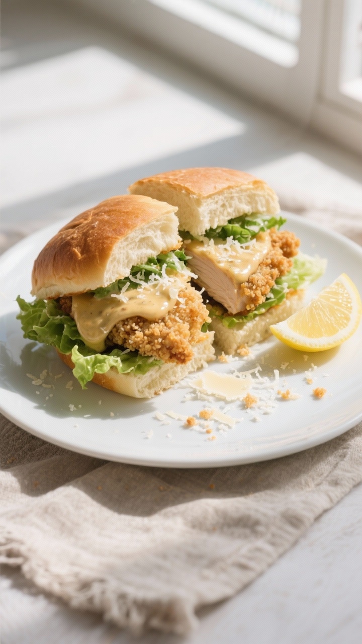 Final sandwich top view: Overhead shot of a Crispy Chicken Caesar Sandwich on a lightly toasted brio