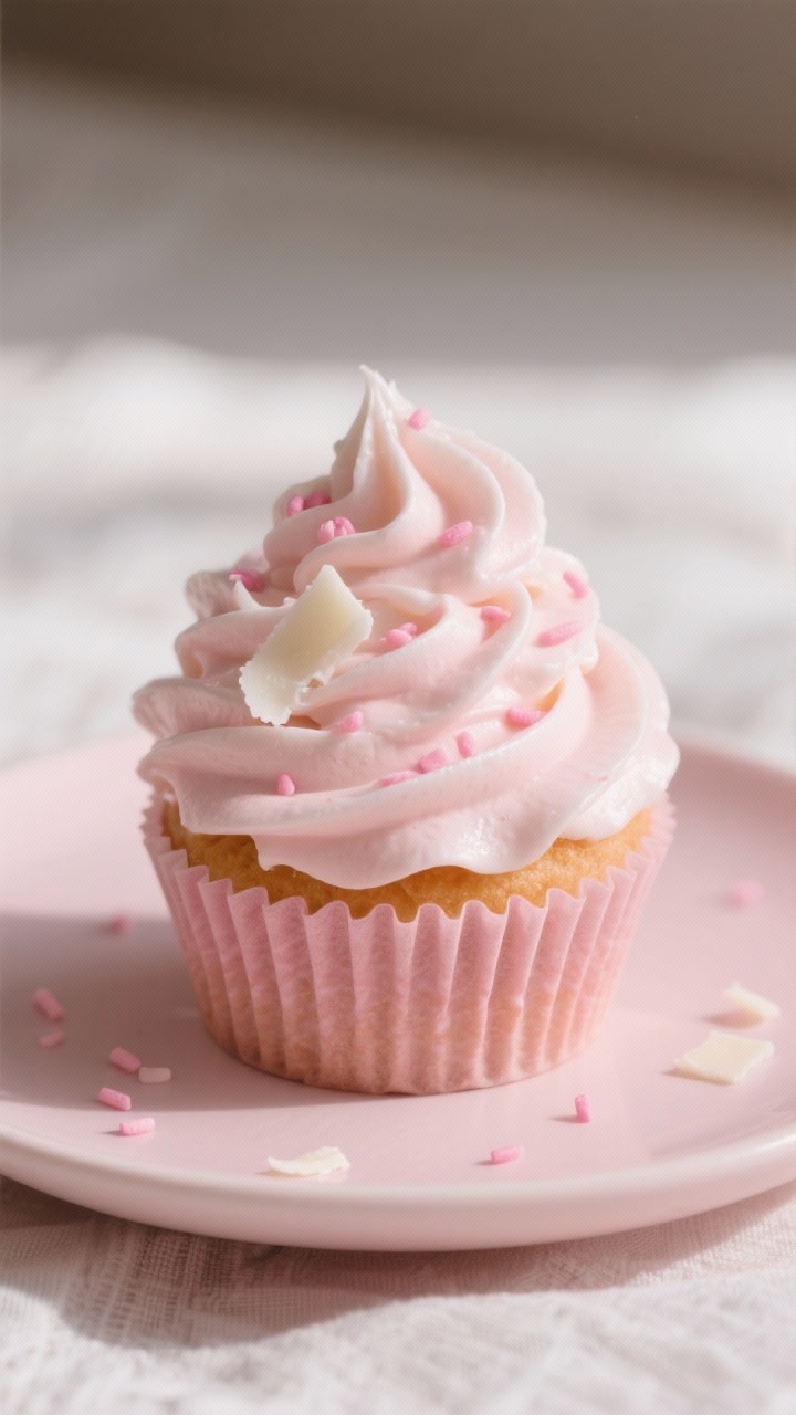 Frosting detail close-up: Swirl of silky cream cheese frosting piped high on a single pink velvet cu
