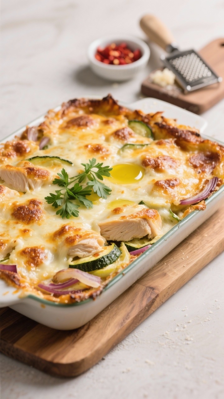 Hero final dish: Three-quarter angle beauty shot of the full 9x13 dish on a wooden board, cheese mel