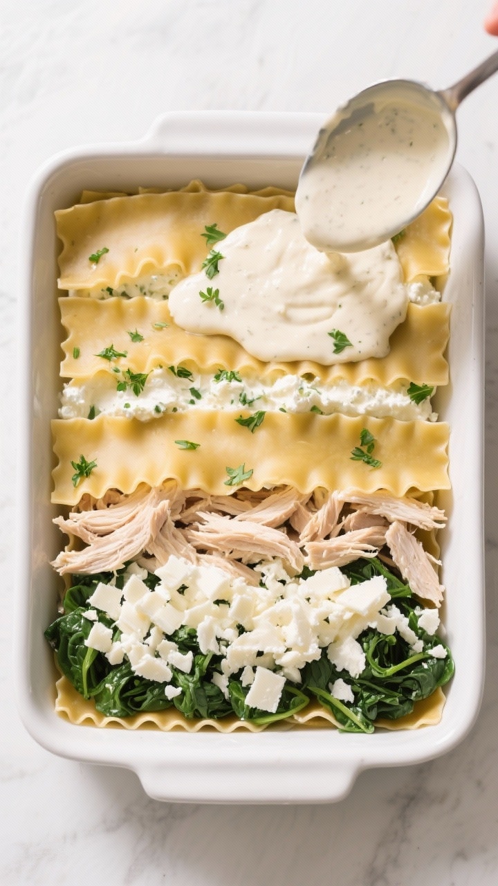 Layering action overhead: Top-down shot of a 9x13 baking dish mid-assembly. Visible layers: lasagna