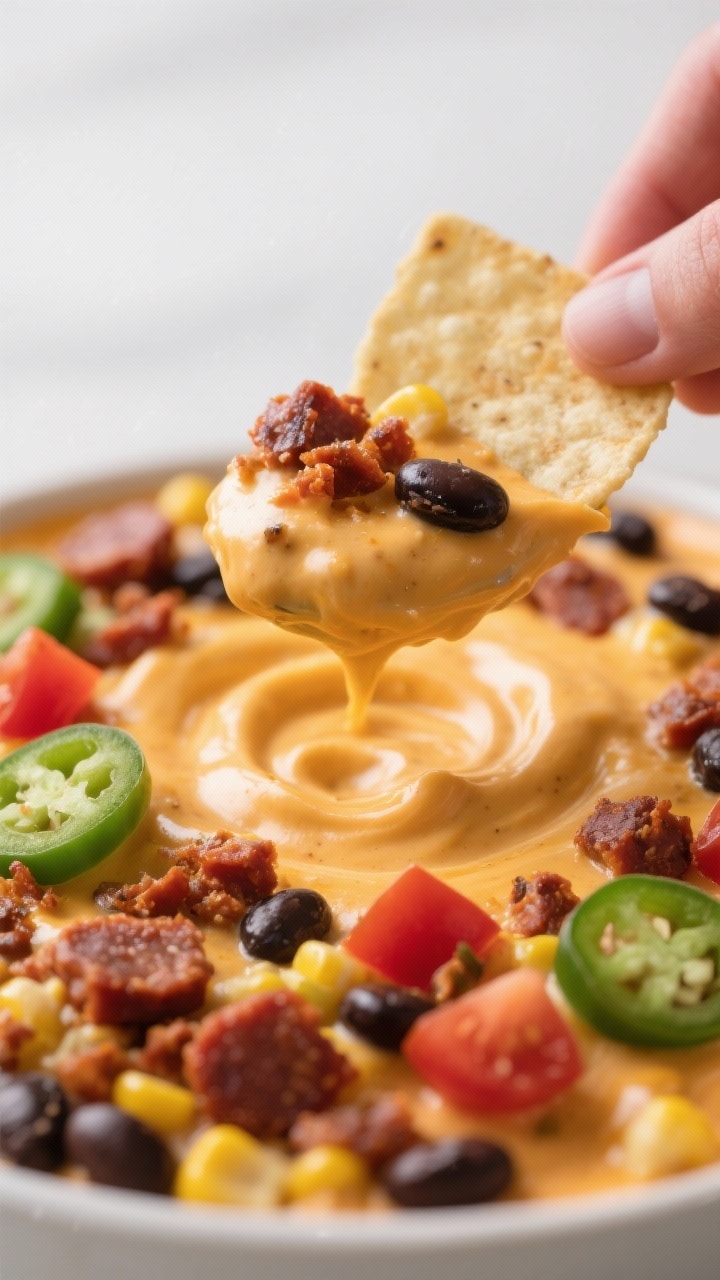 Loaded variation, close-up detail: Close-up of loaded Velveeta queso with cooked chorizo, black bean