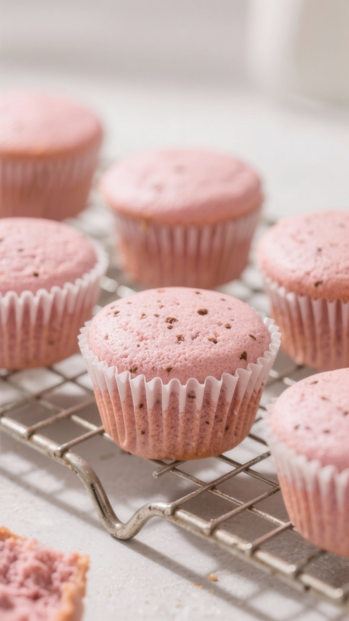 Oven-to-cooling stage: Freshly baked pink velvet cupcakes resting on a wire rack, even pale-pink cru