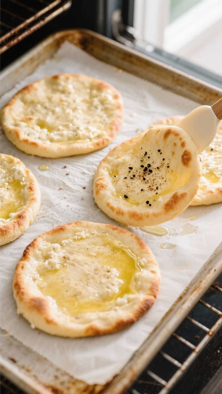 Overhead cooking-process shot of cottage cheese flatbreads on a parchment-lined sheet pan just out o