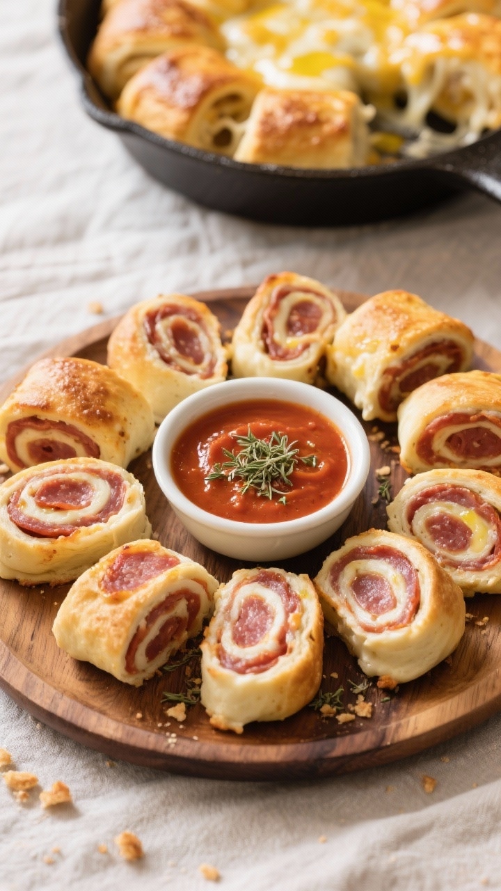 Overhead final presentation: A rustic platter of sliced pepperoni rolls arranged in a loose circle a